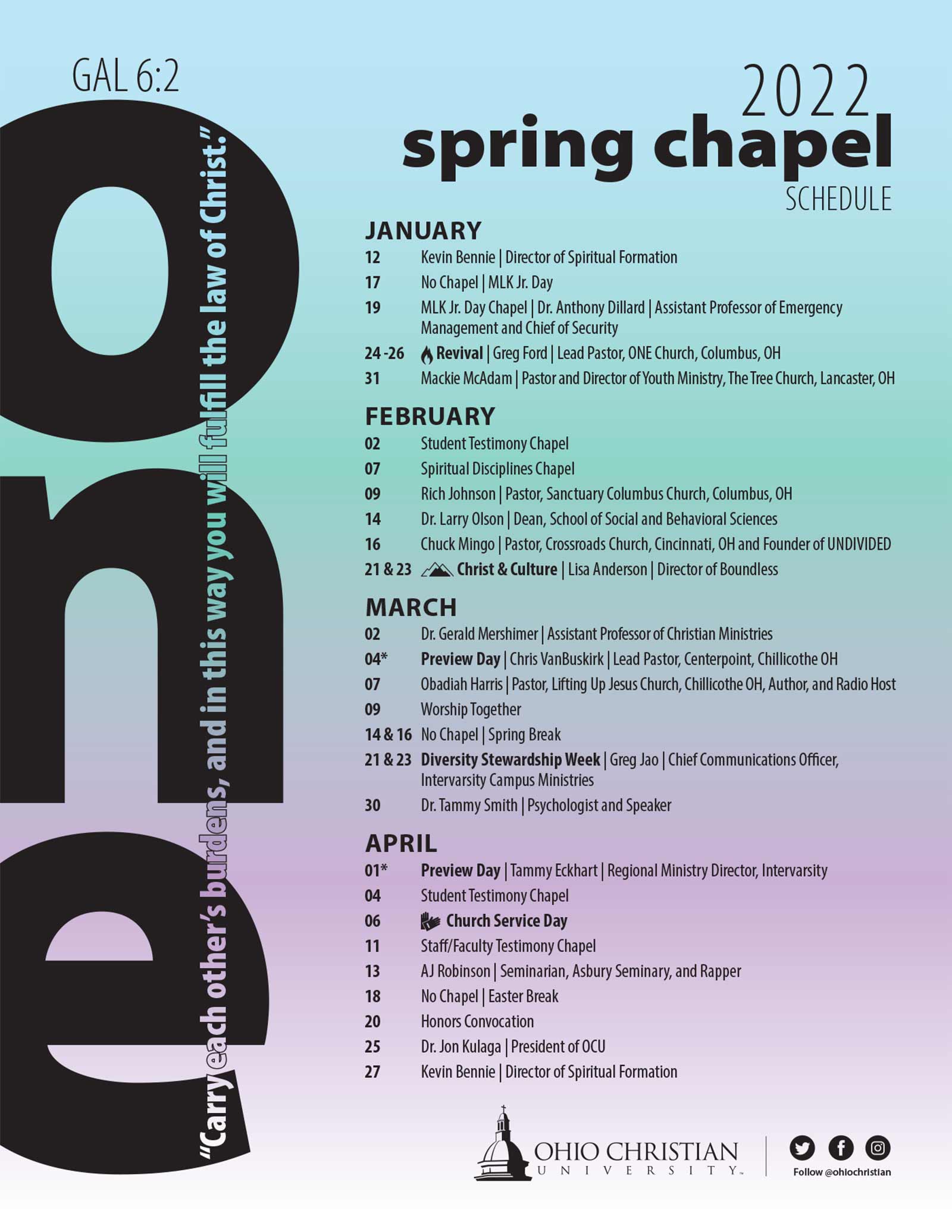 2022 Spring Chapel Schedule